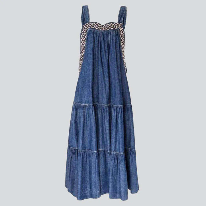 Bell-shaped embroidered denim dress