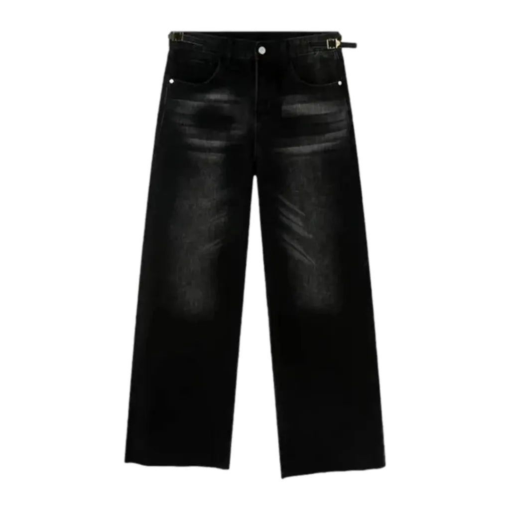 Sanded Mid Rise Baggy Men's Jeans - Black