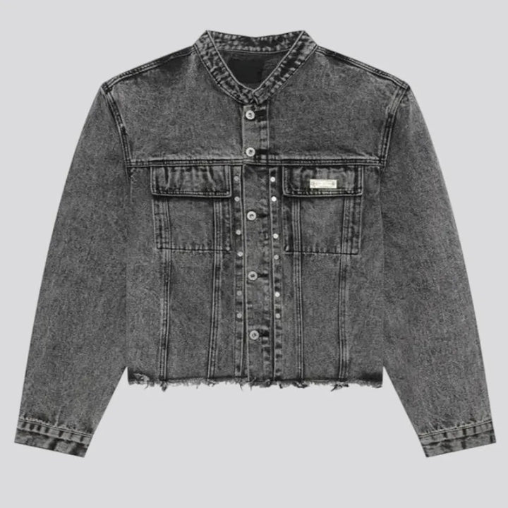 Retro pattern raw hem jeans jacket for men