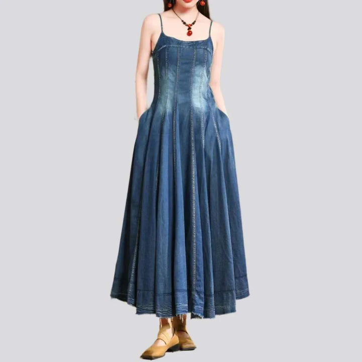 Embroidered long denim dress
 for ladies