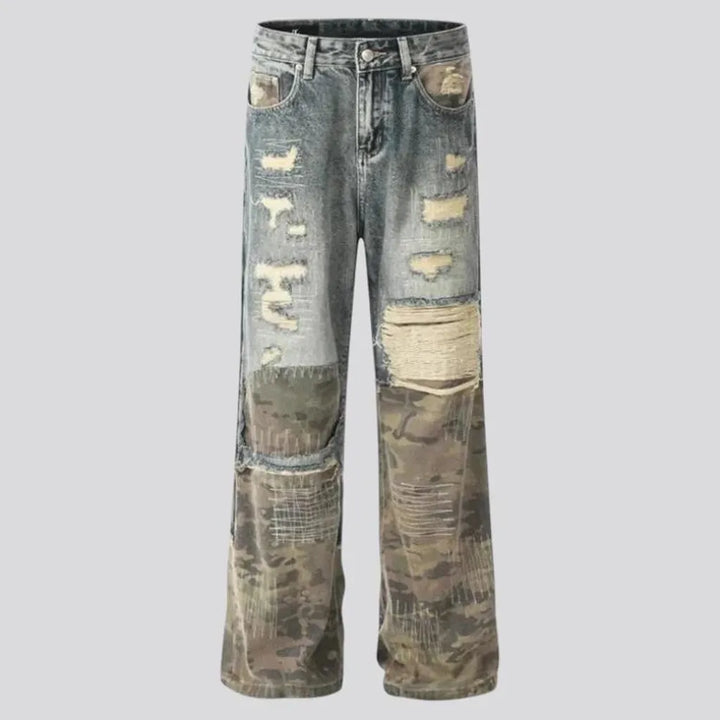 Retro patchwork camo men's jeans