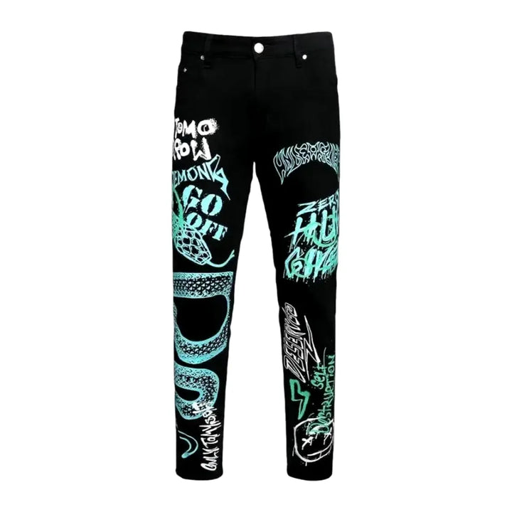 Mid Waist Graffiti Snake Design Men's Jeans - Black