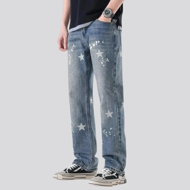 Whiskered boho style loose fit men's jeans