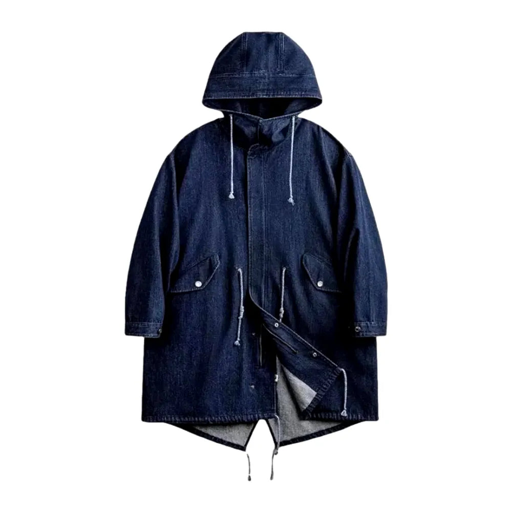 Boho Dark Wash Oversized Men's Jean Coat - Dark Blue