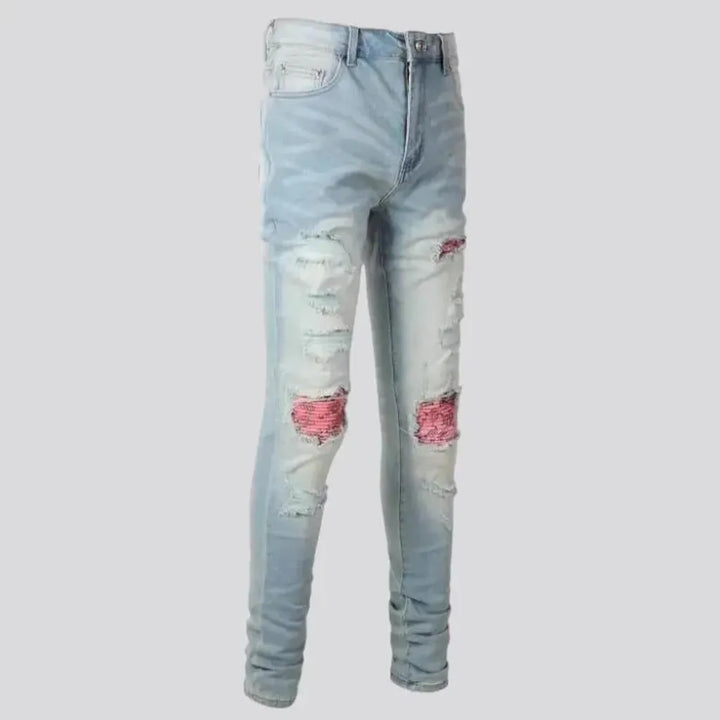 Pink-patch men's skinny jeans