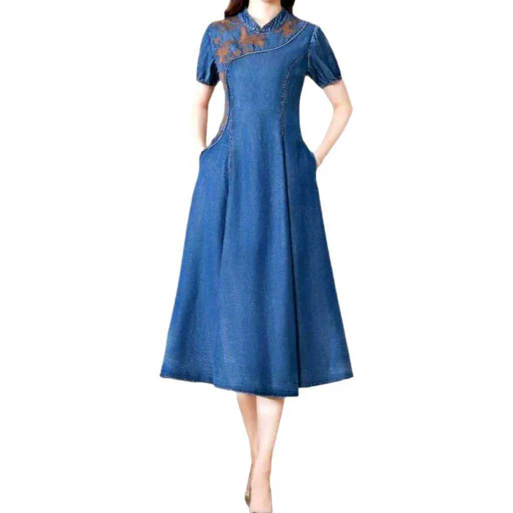 Flared Medium Wash Denim Dress - Blue