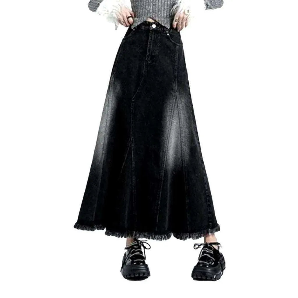 Floor-length sanded denim skirt