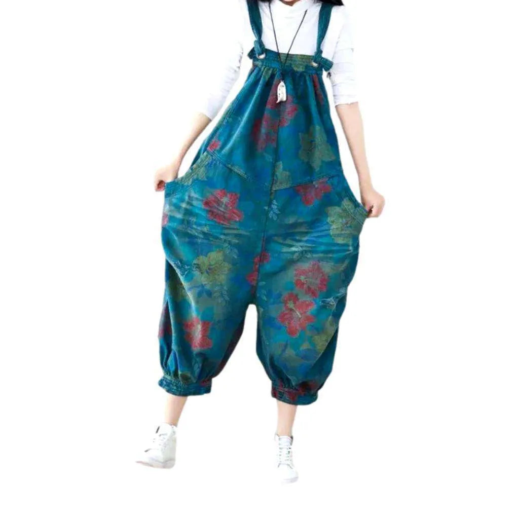 Floral Baggy Women's Jeans Overall - Blue