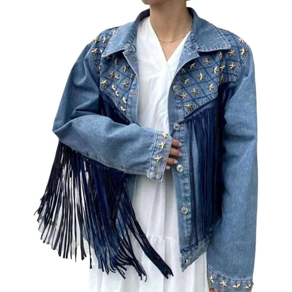 Fringe embellished color denim jacket