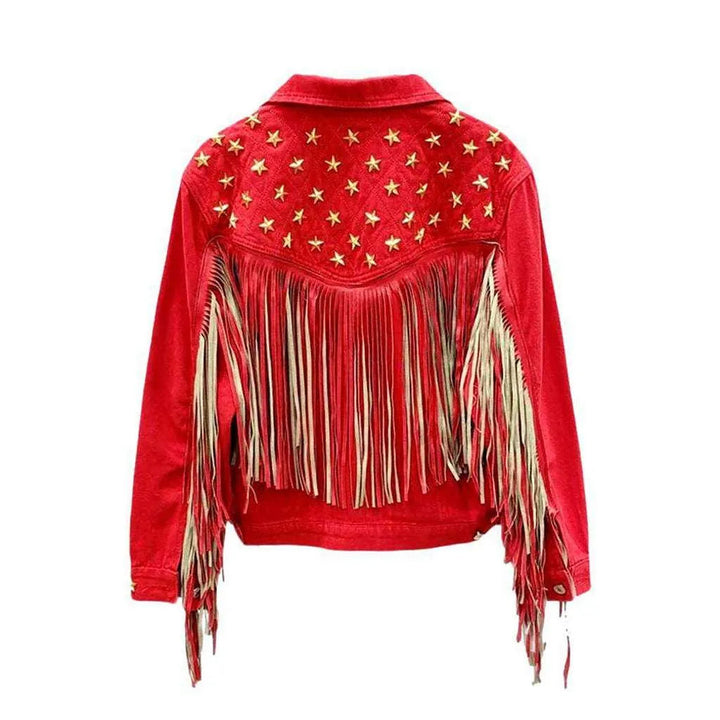 Fringe embellished color denim jacket