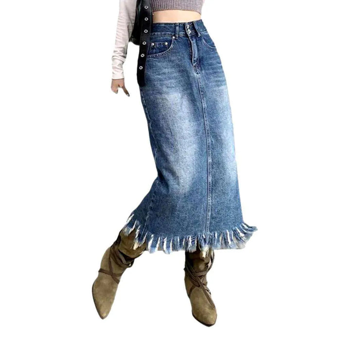 Fringe hem long denim skirt