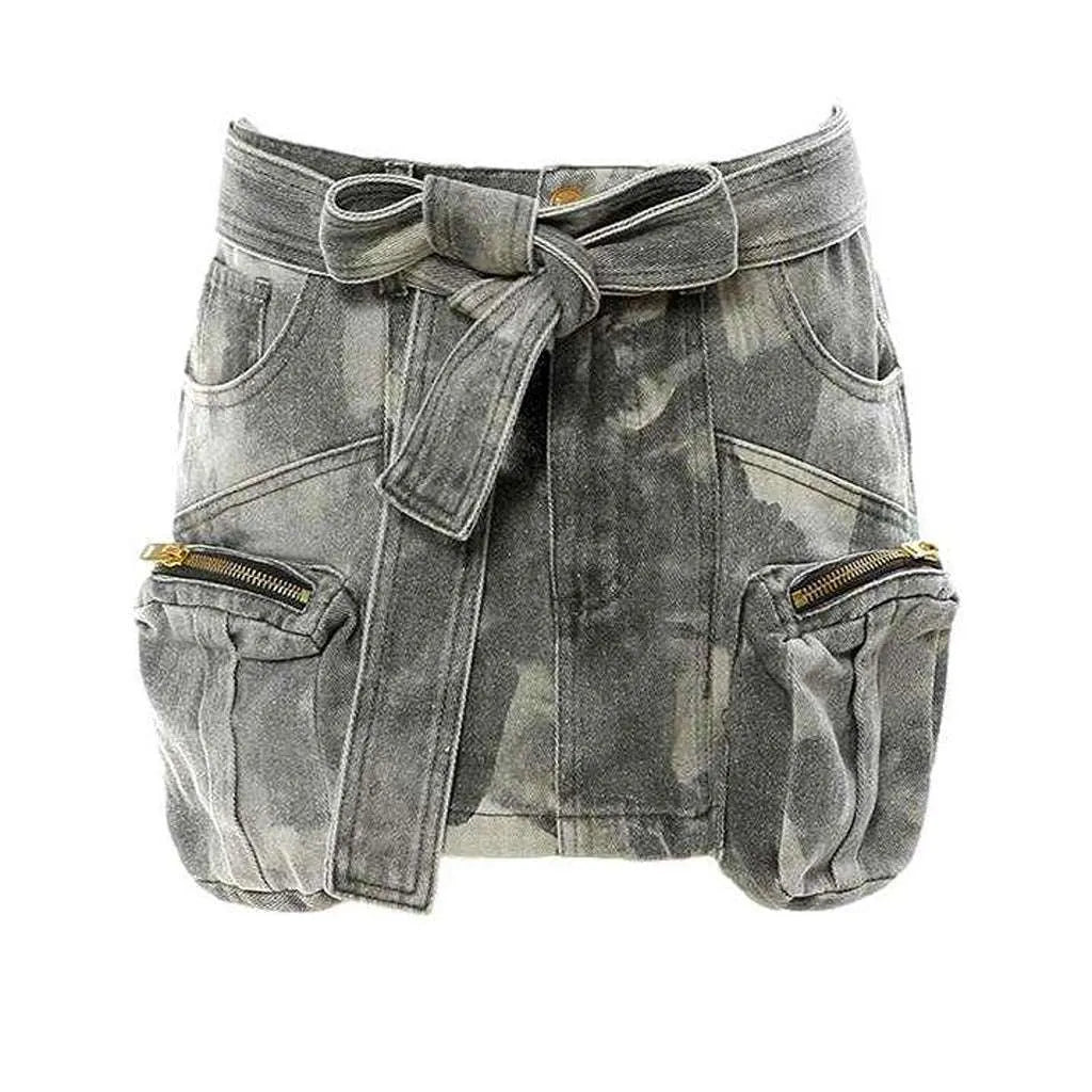 Grey camouflage print denim skirt