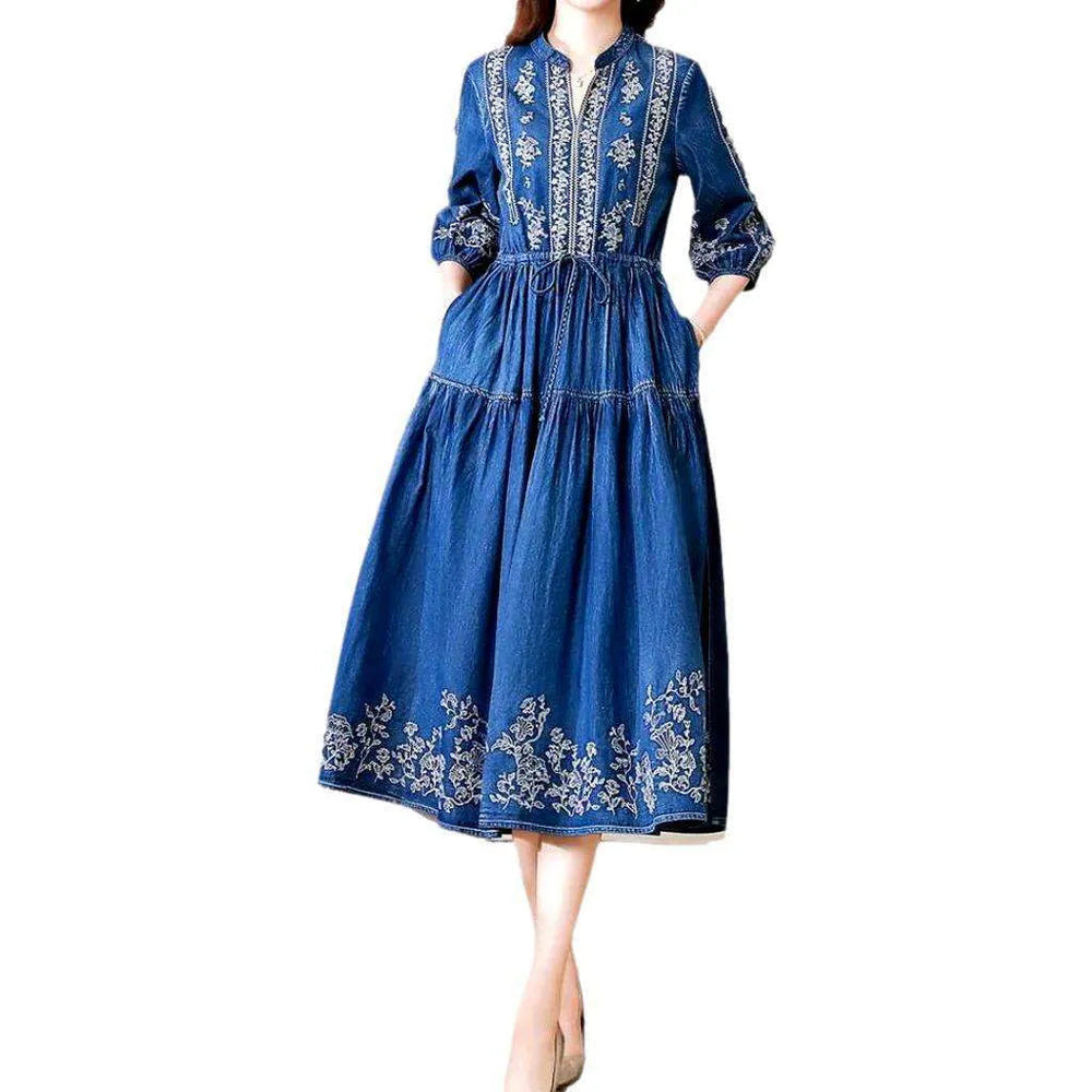 Long Boho Embroidered Denim Dress - Blue