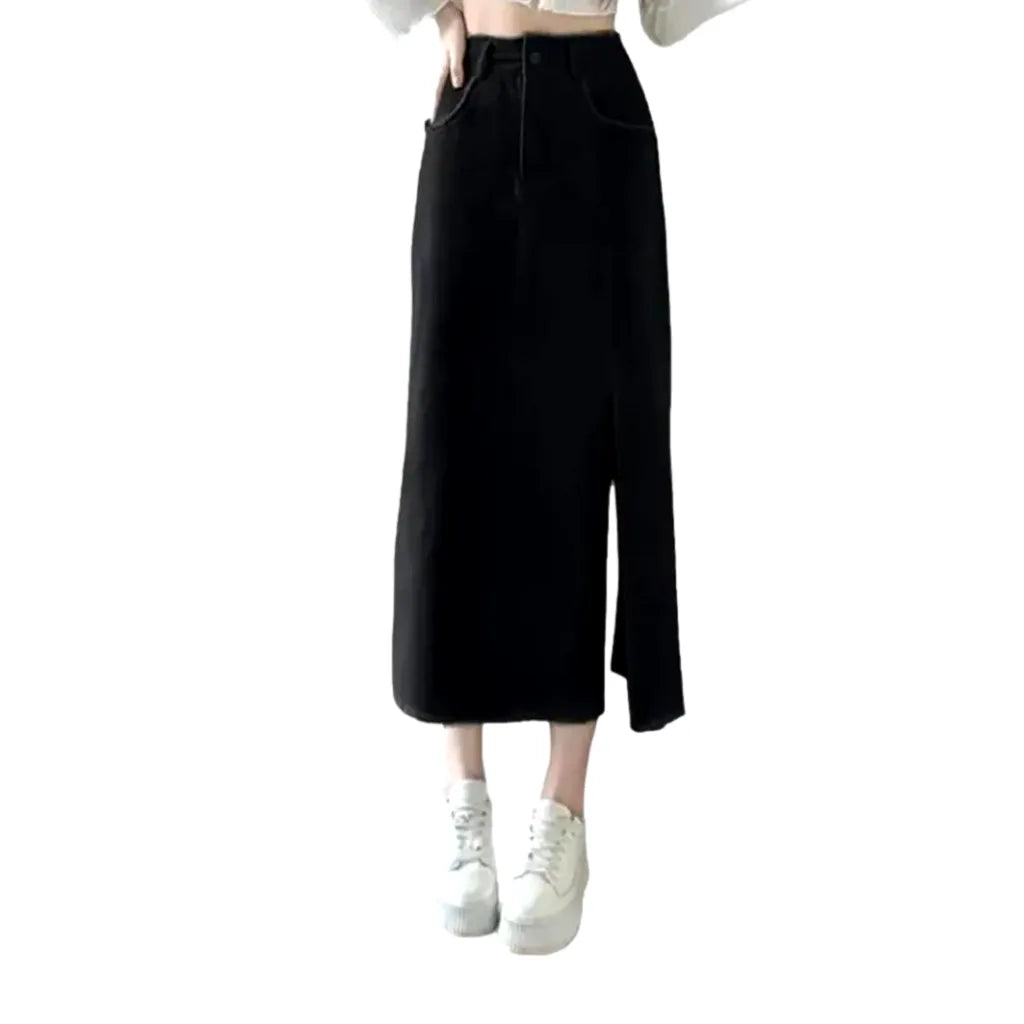 Long frayed-edges women's denim skirt