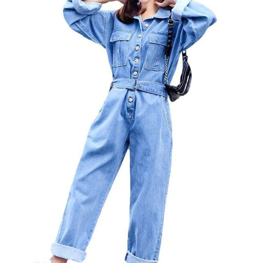 Trendy Loose Fitting Denim Jumpsuit for Ladies - Light Blue