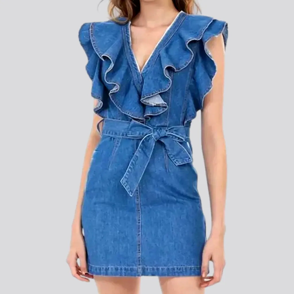 Medium Wash Frills-neck Fashion Jean Dress | Jeans4you.shop