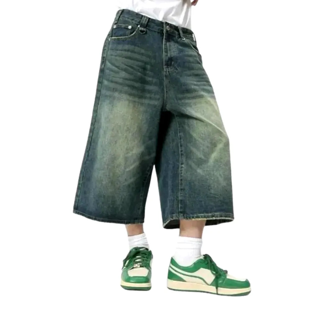 Medium-wash high-waist jeans shorts
 for men