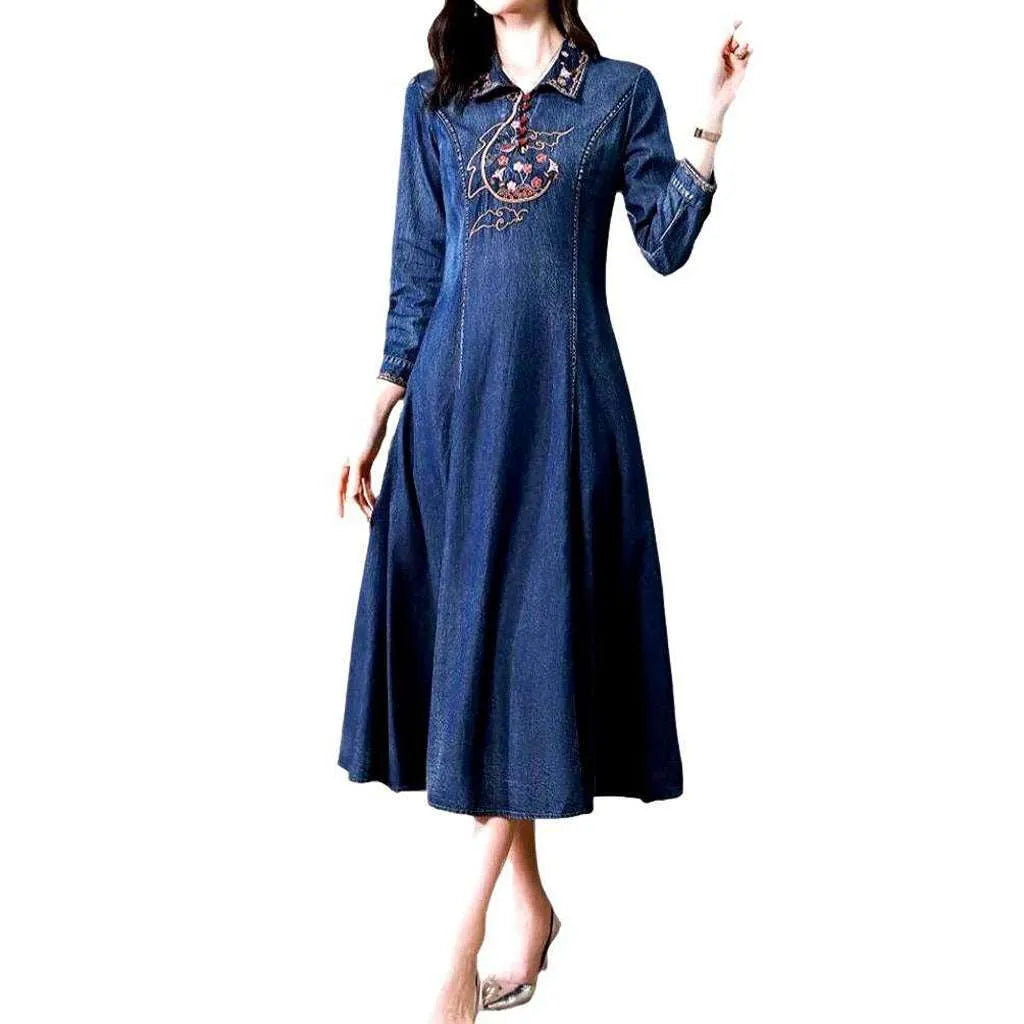 Medium Wash Long Jeans Dress - Blue