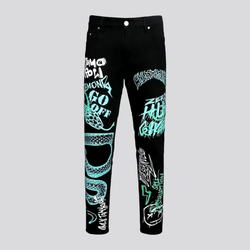 Mid Waist Graffiti Snake Design Men's Jeans | Jeans4you.shop