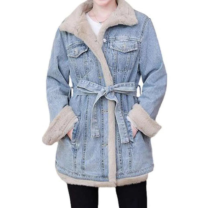 Mini denim coat with fur