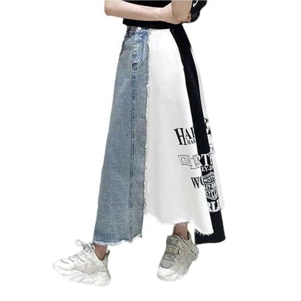 Mixed fabrics long denim skirt