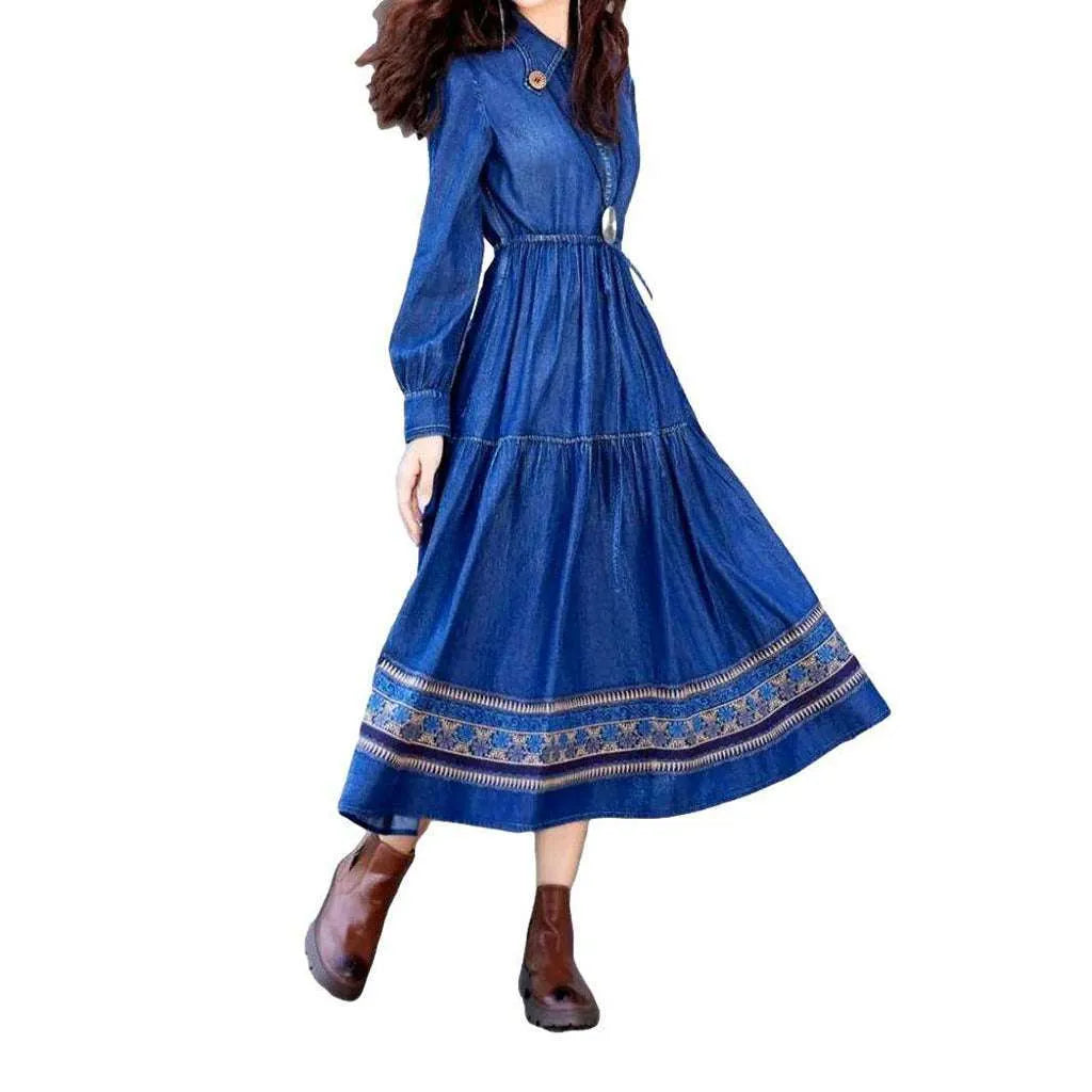 Ornamented Flared Denim Dress - Blue