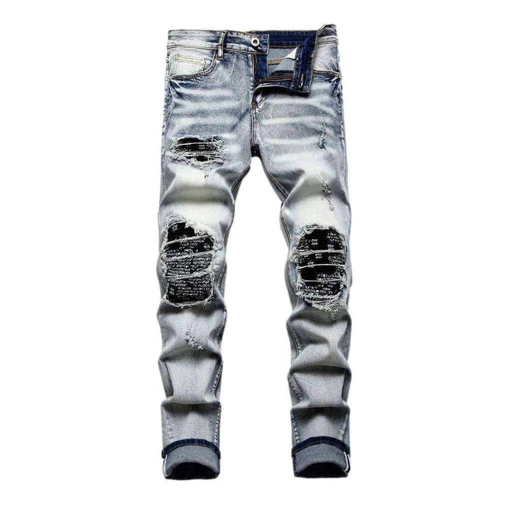 Patchwork knees biker men's jeans