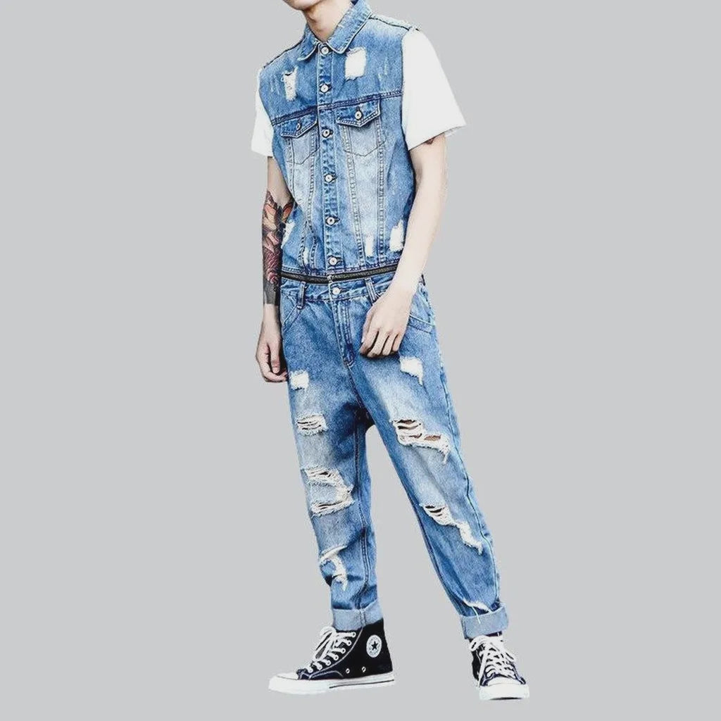 Distressed sleeveless men's denim overall | Jeans4you.shop