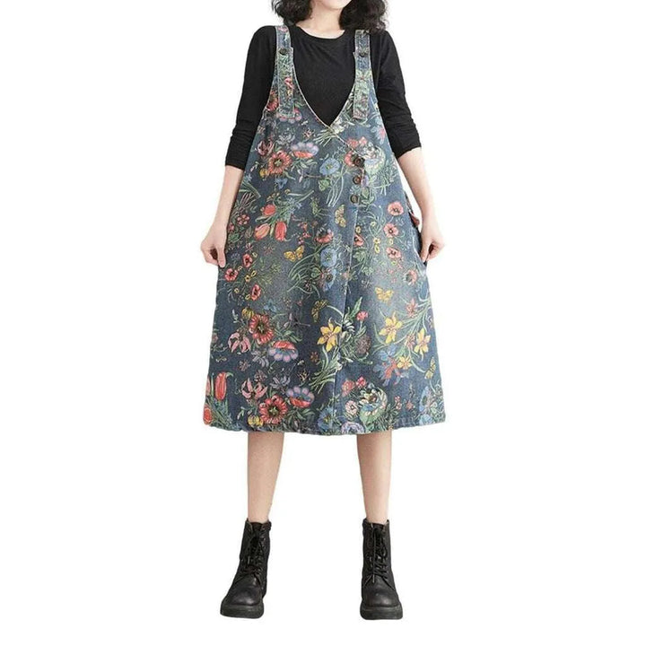 Printed Urbane Street Denim Dress - Blue