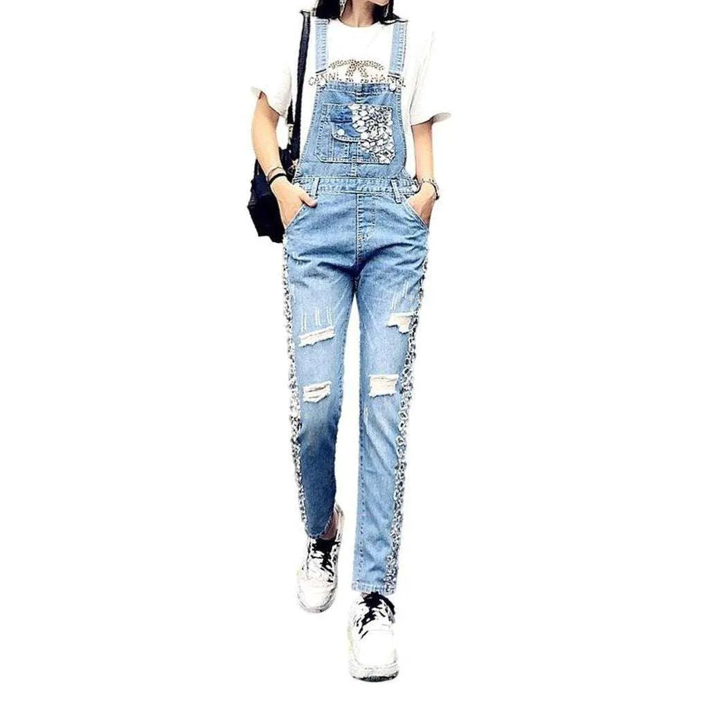 Slim Ripped Denim Overall for Ladies - Light Blue