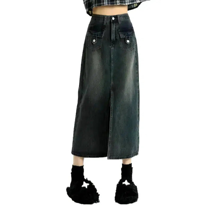 Sanded front-slit denim skirt