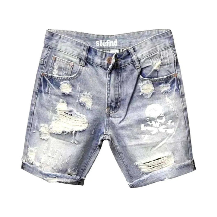 Skull print ripped denim shorts