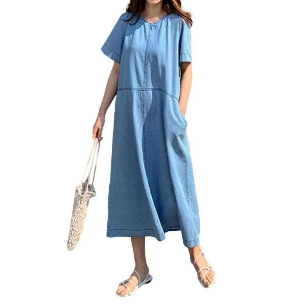 Stonewashed A-line Denim Dress - Light Blue