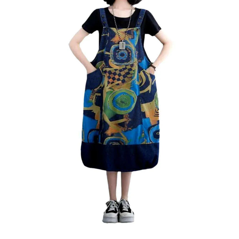 Stylish Printed Jeans Dress - Dark Blue