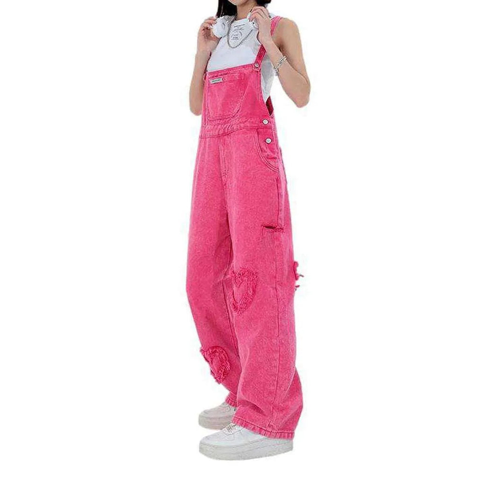 Trendy Women's Embroidered Denim Overall - Pink