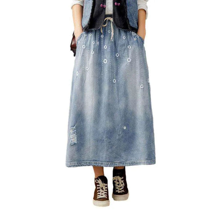 Urban embroidery long denim skirt