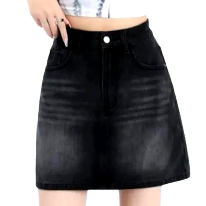 Whiskered high-waist jean skort