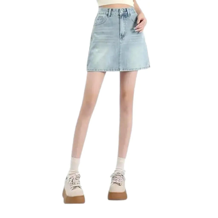 Whiskered high-waist jean skort