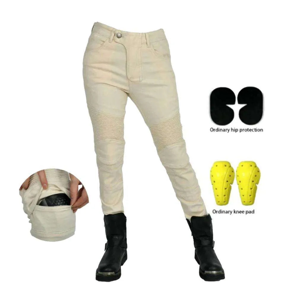 White women's biker denim pants