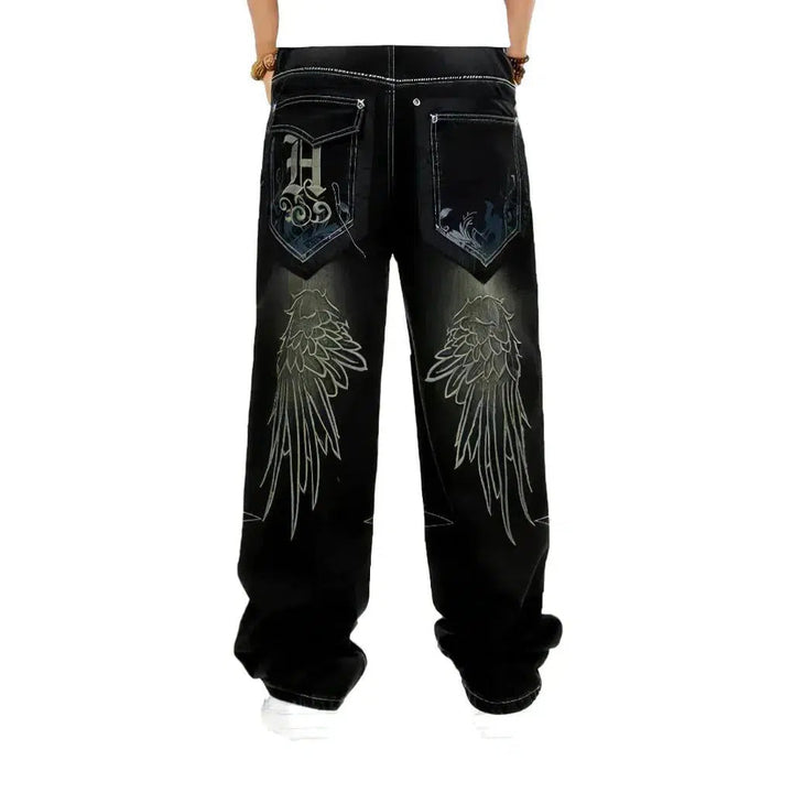 Winds-print men's baggy jeans