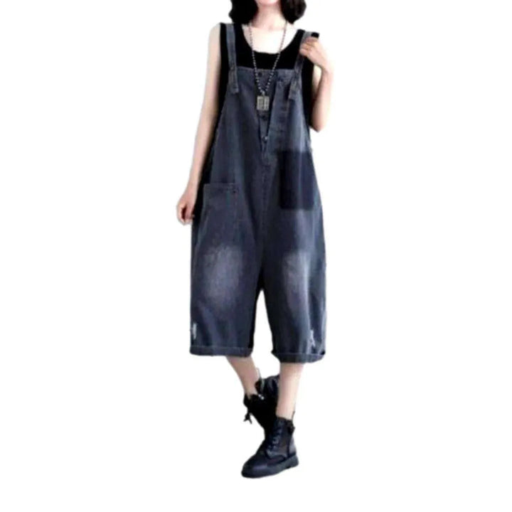 Women's Baggy Knee-length Jeans Overall - Black