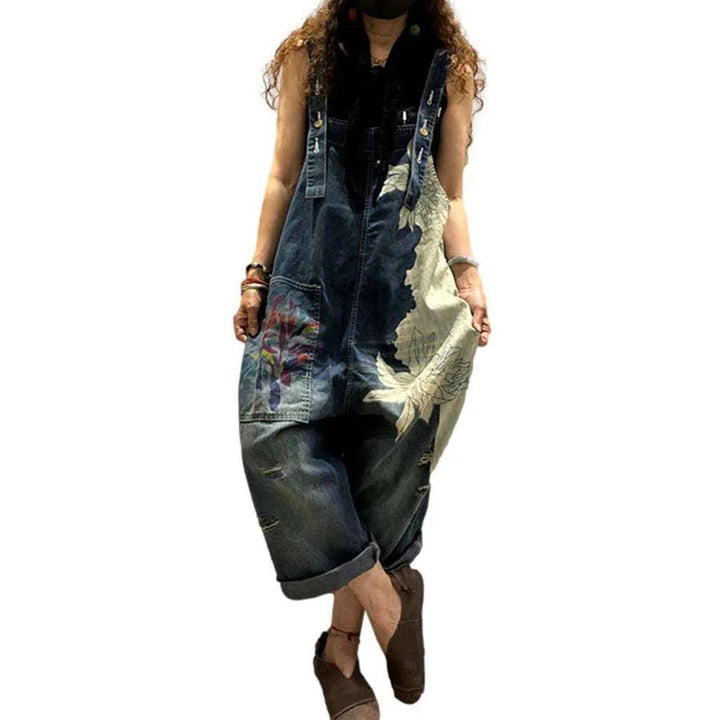 Women's Baggy Painted Denim Overall - Blue