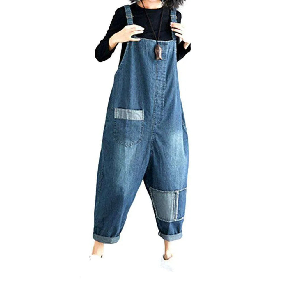 Women's Baggy Patchwork Jean Dungaree - Blue