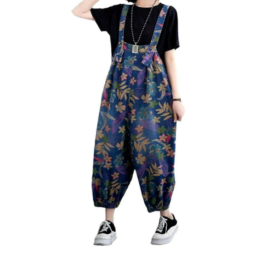 Y2k Baggy Floral Denim Overall for Ladies - Blue