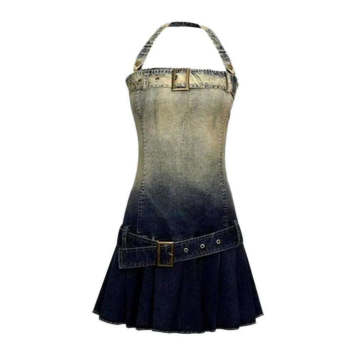 Y2k Contrast Wash Denim Dress - Dark Blue