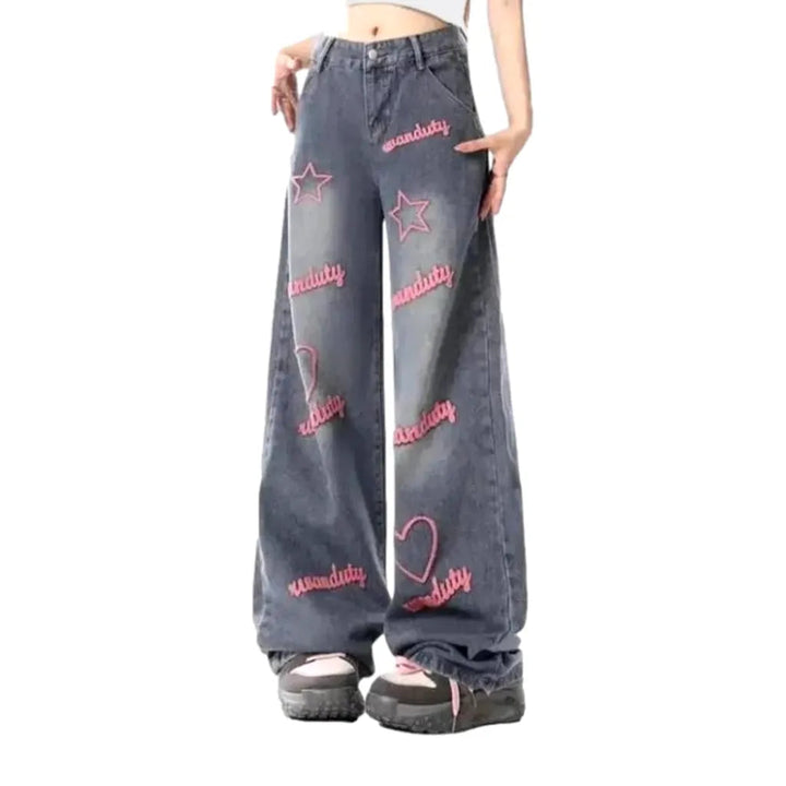 Y2k pink-embroidery jeans for women